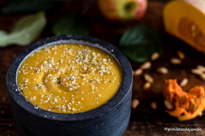 Crema de calabaza y manzana-Piruletas de jamón- Blog de cocina